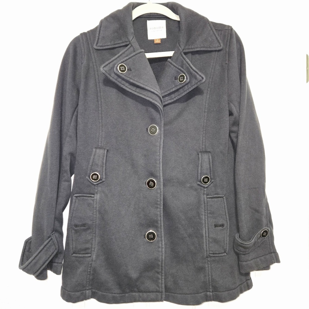 Sonoma Life Style Black Knit Pea Coat Jacket Women's Small Button Front size S